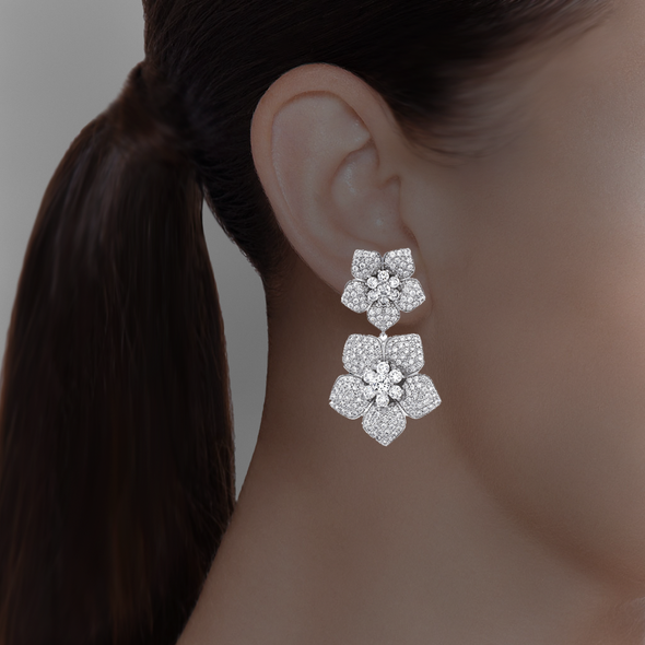 Double Drop Flower Clip On Earrings